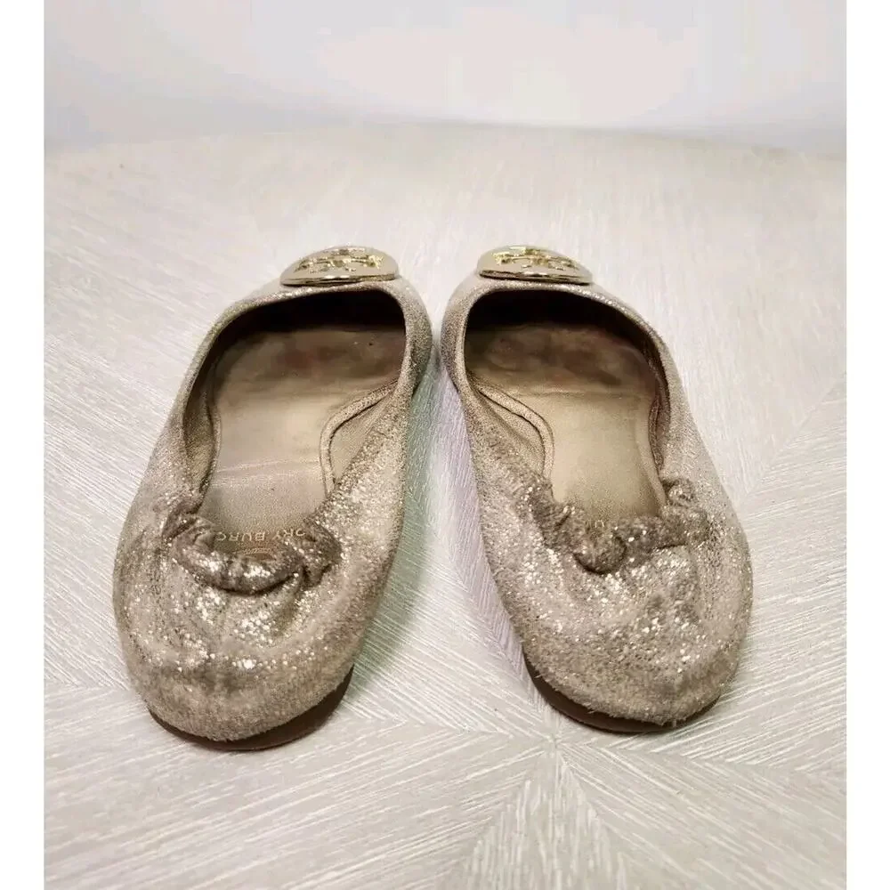 TORY BURCH 'Minnie' Travel Ballet Flat Royal Mettalic Gold Glitter Logo Sz 6M